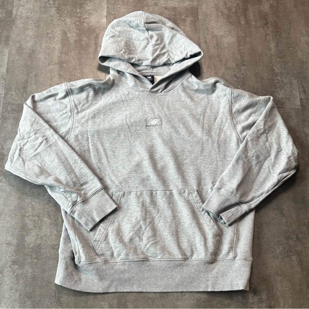New Balance Centre Logo Hoodie Mens Large Gray French Terry